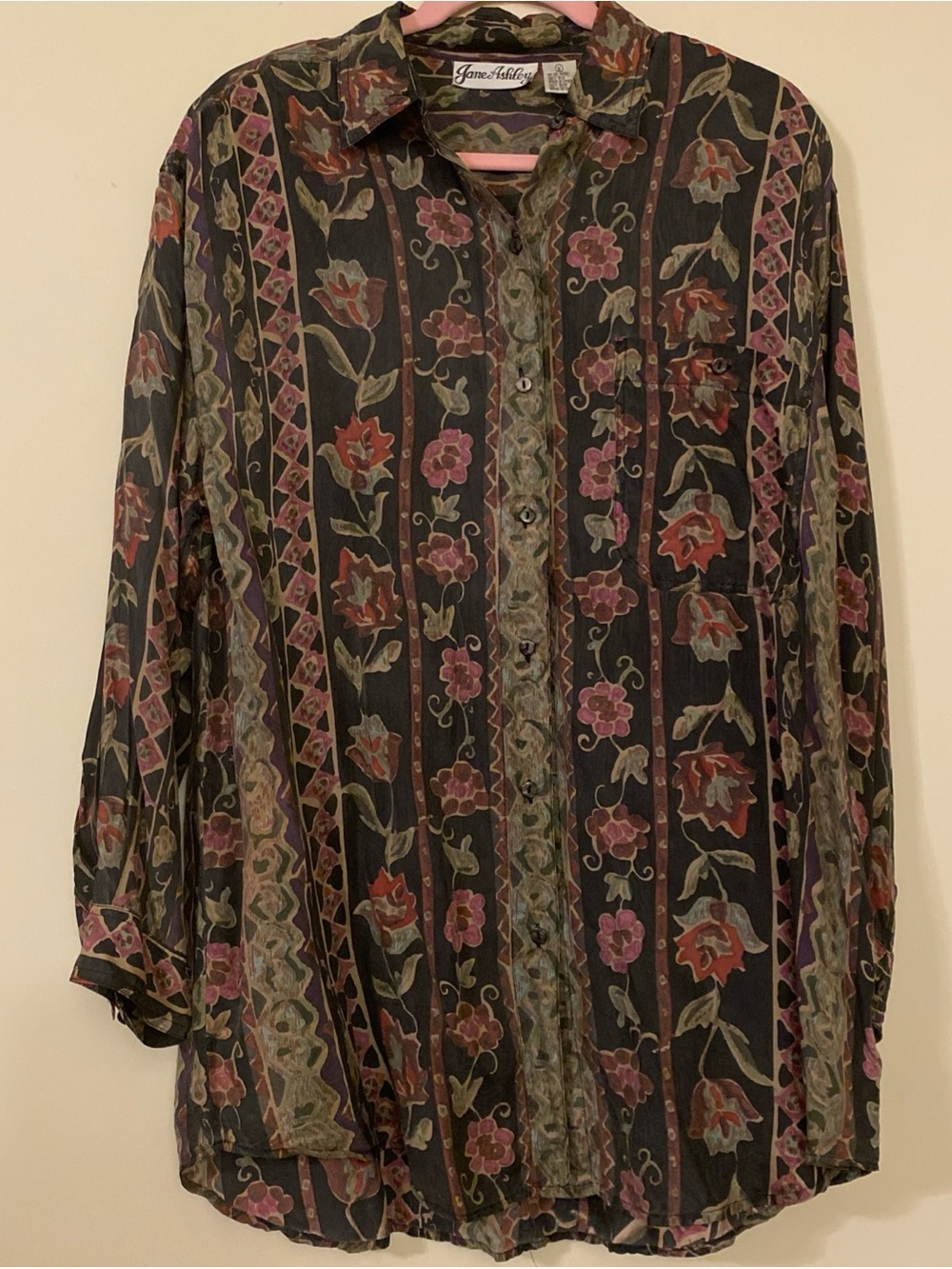 Jane Ashley Floral Rose 100% Silk Button Down Blouse Size Medium Whimsygoth